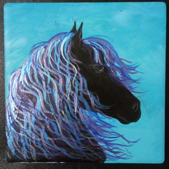 Hand Crafted Painted Cerulean Blue Metallic Horses Coasters Home Decor Interior - Picture 3 of 6